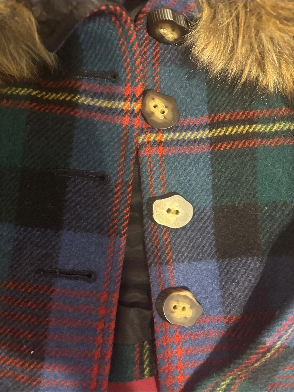 Ralph Lauren Green & Blue Tartan Hooded Cape with Faux Fur Trim